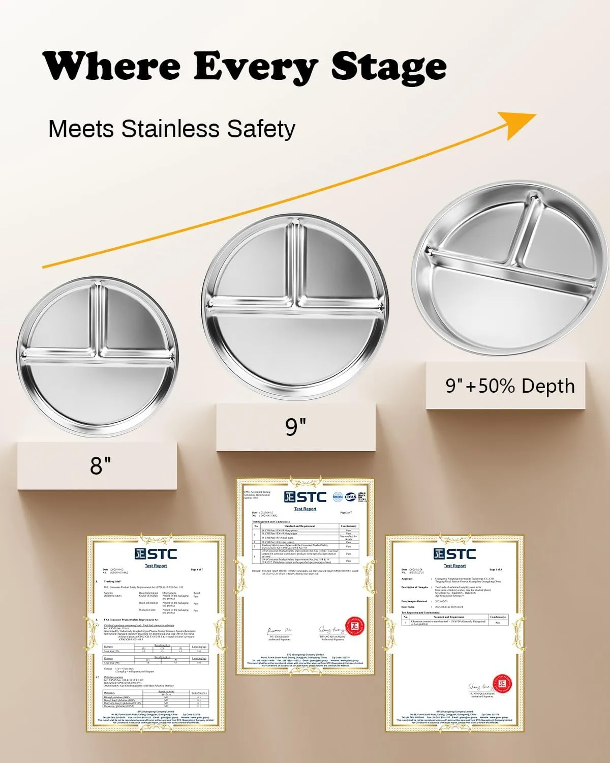 Stainless Steel Kids Plates 2 Packs, Deepened 9" Portion Control Plate Divided Plate for Toddlers Bigger Appetite, Non Toxic Unbreakable Metal Lunch Dishes