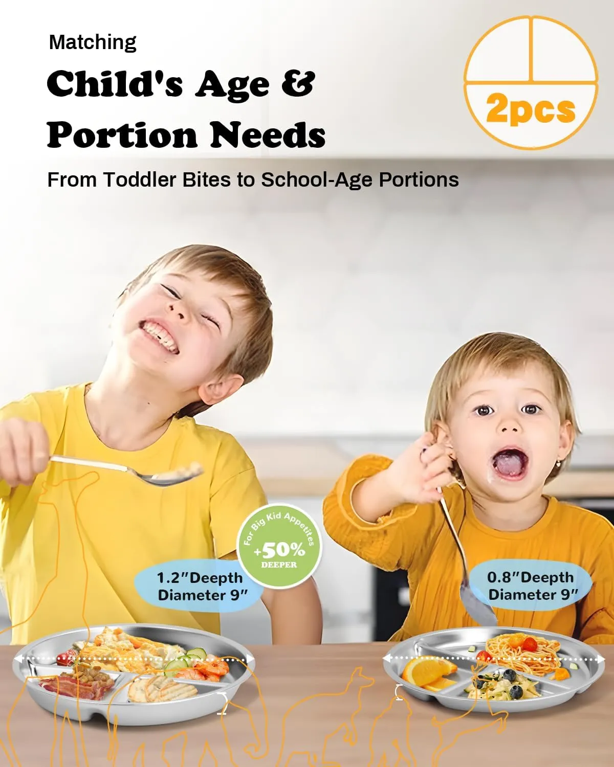 Stainless Steel Kids Plates 2 Packs, Deepened 9" Portion Control Plate Divided Plate for Toddlers Bigger Appetite, Non Toxic Unbreakable Metal Lunch Dishes