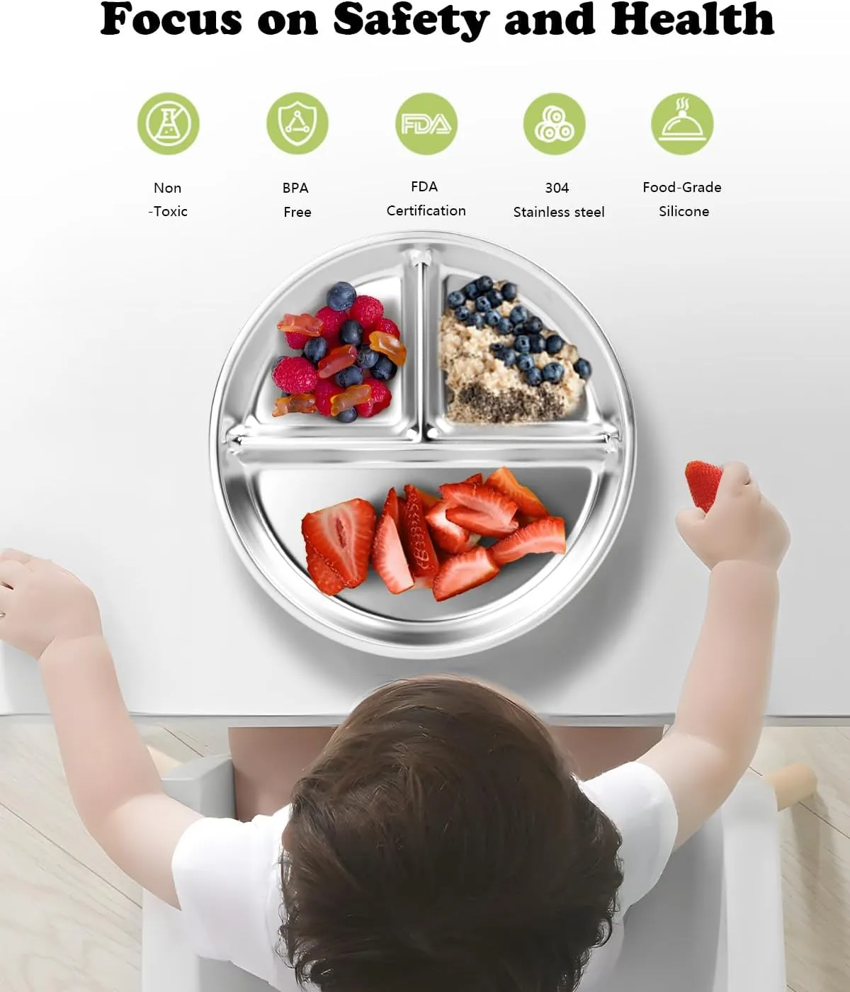 Stainless Steel Kids Plates 2 Packs, Deepened 9" Portion Control Plate Divided Plate for Toddlers Bigger Appetite, Non Toxic Unbreakable Metal Lunch Dishes