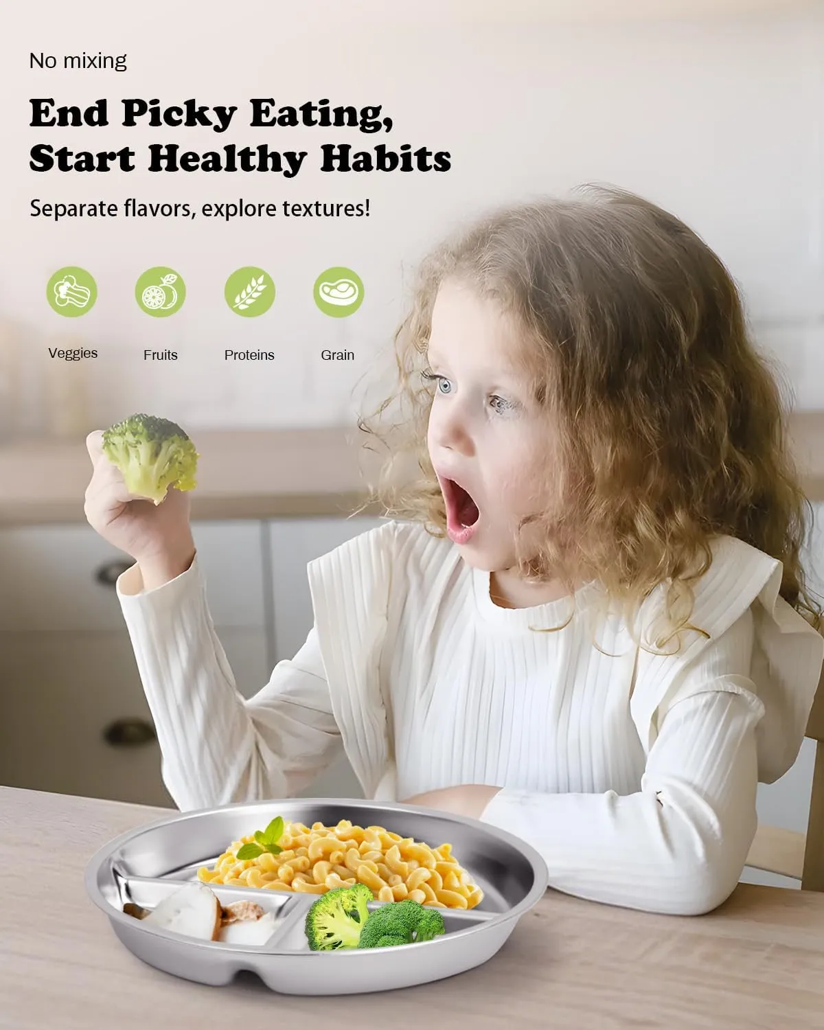 Stainless Steel Kids Plates 2 Packs, Deepened 9" Portion Control Plate Divided Plate for Toddlers Bigger Appetite, Non Toxic Unbreakable Metal Lunch Dishes