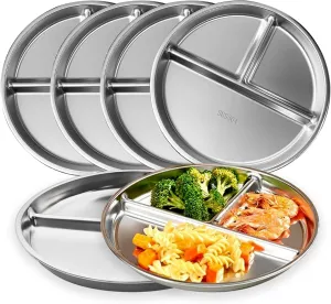Stainless Steel Kids Plates (6 Packs), 9" Portion Control Divided Metal Plate for Adults Toddlers Balance Lunch, Unbreakable Sectioned Plates with Dividers Bariatric Diabetic Diet BPA Free Reusable