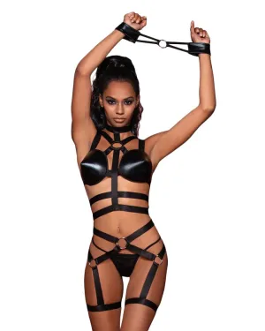 Strappy Elastic Bralette Garterbelt & Wrist Restraint Set