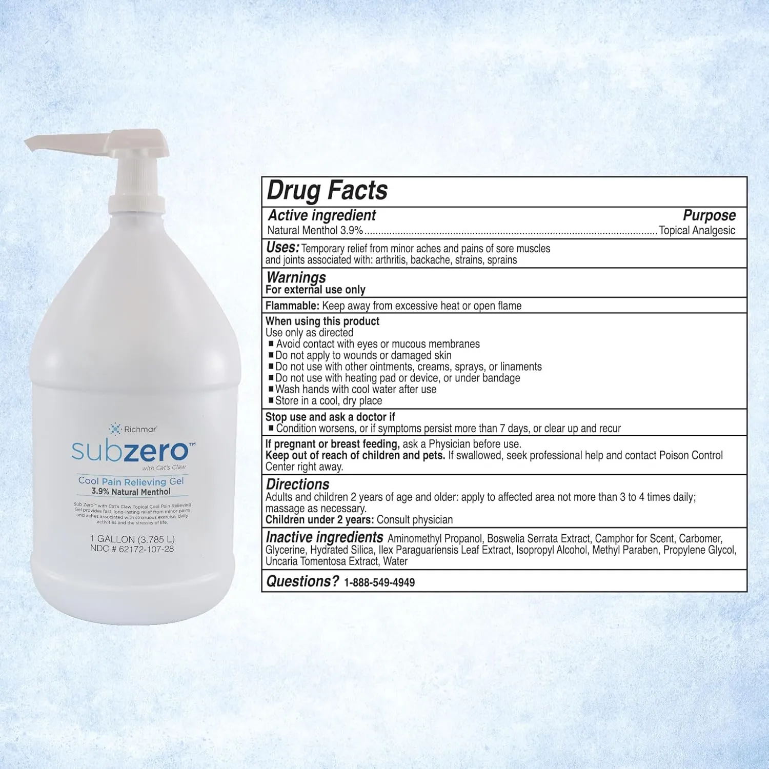 Sub Zero Cooling Pain Relief Gel, 1-Gallon Bottle with Pump - Joint Relief and Nerve Pain Relief Cream for Muscle Deep Pain Relief and Arthritis Relief