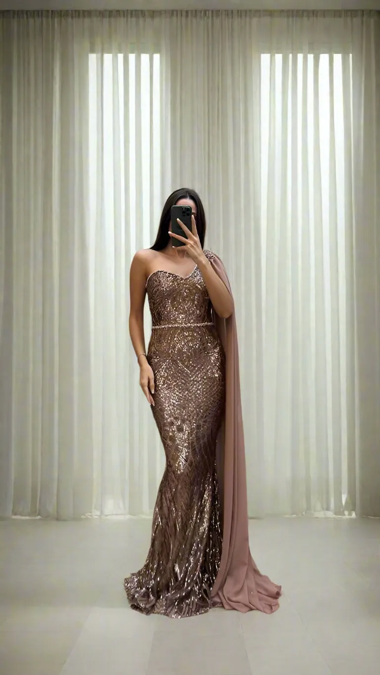 SWEETHEART EMBELLISHED GOWN WITH EMBELLISHED SHOULDER DRAPE