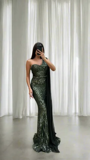SWEETHEART EMBELLISHED GOWN WITH EMBELLISHED SHOULDER DRAPE