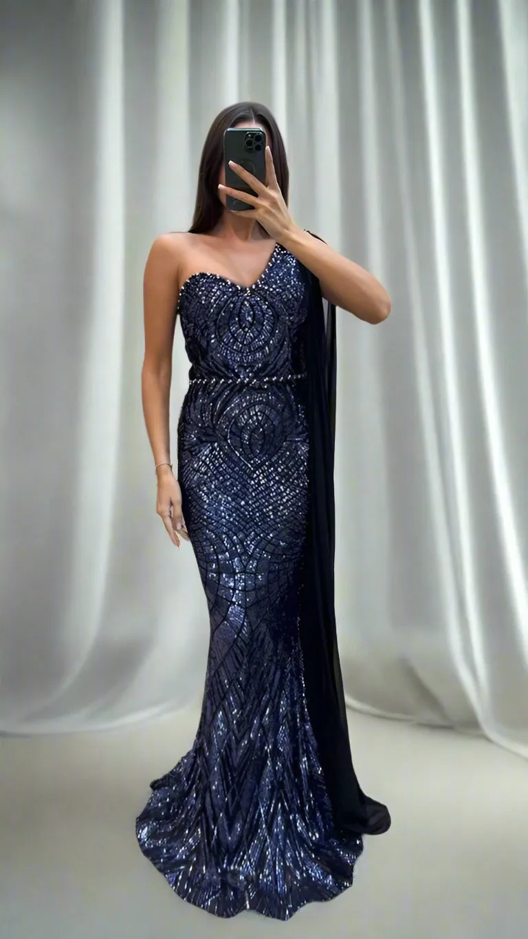 SWEETHEART EMBELLISHED GOWN WITH EMBELLISHED SHOULDER DRAPE