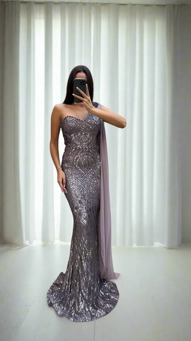 SWEETHEART EMBELLISHED GOWN WITH EMBELLISHED SHOULDER DRAPE