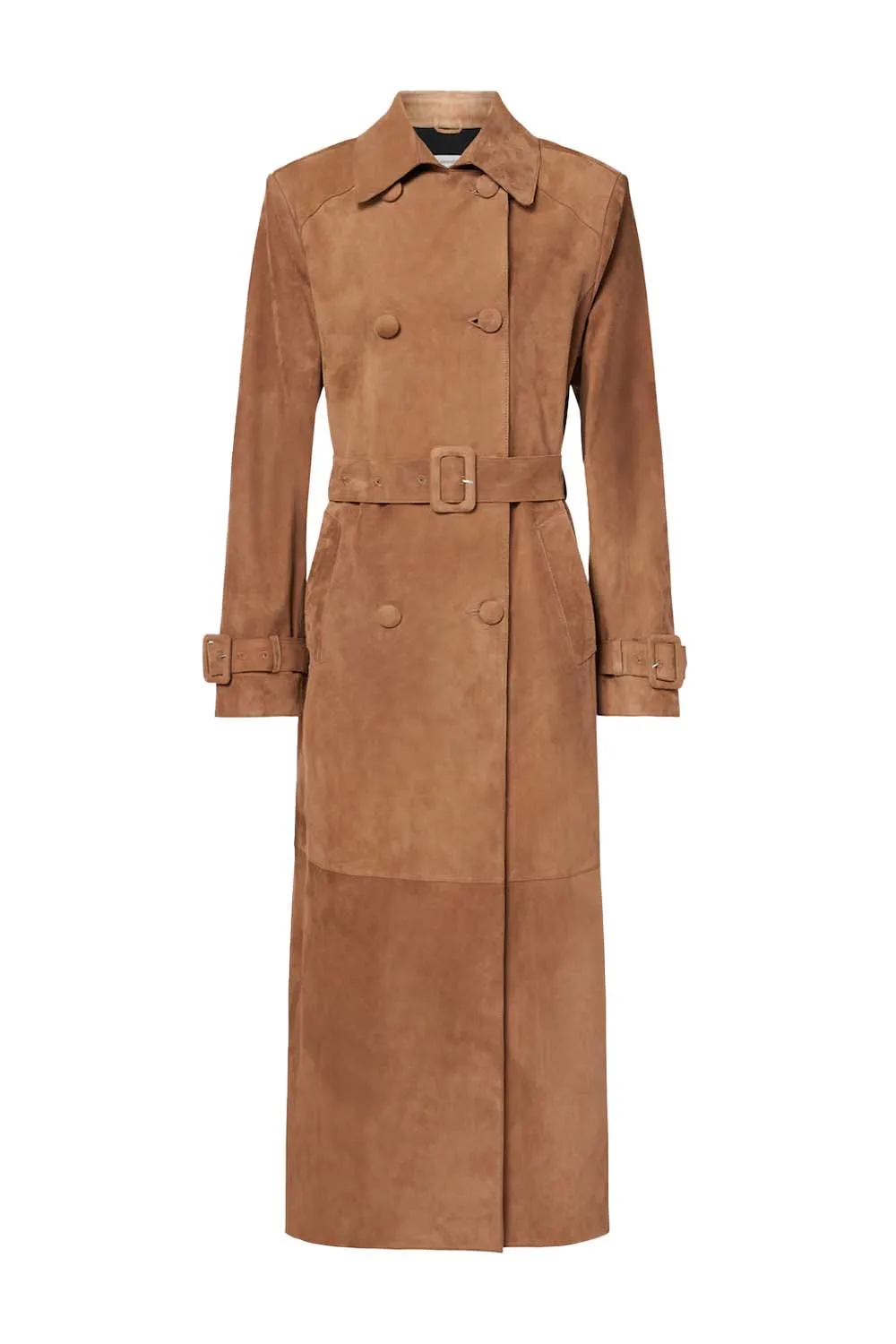 Tate Belted Double-Breasted Suede Trench Coat