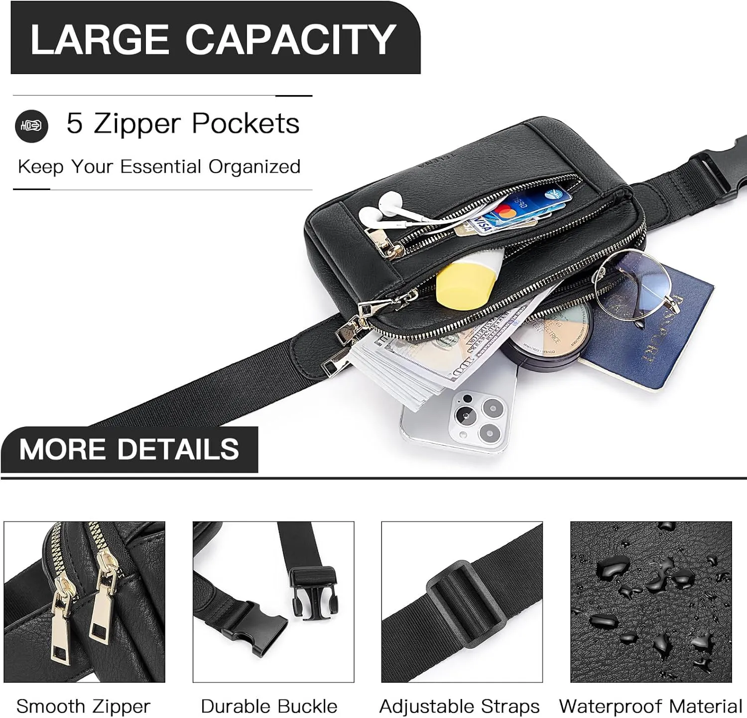 Telena Fanny Packs for Women Cross Body Bag Leather Belt Bag Fashionable Waist Bag with Adjustable Strap Black