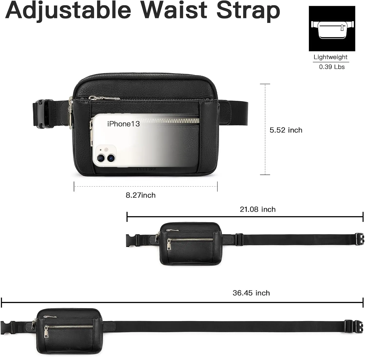 Telena Fanny Packs for Women Cross Body Bag Leather Belt Bag Fashionable Waist Bag with Adjustable Strap Black