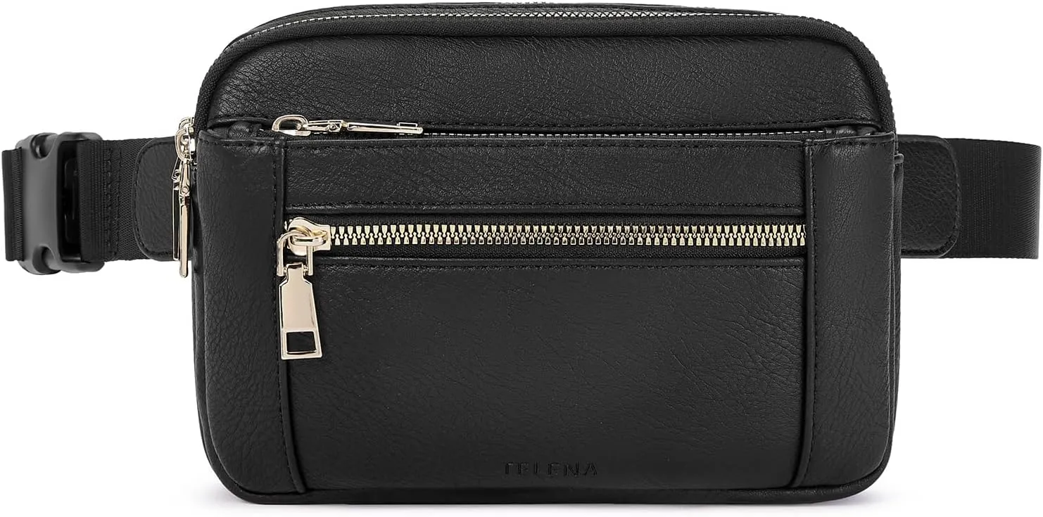 Telena Fanny Packs for Women Cross Body Bag Leather Belt Bag Fashionable Waist Bag with Adjustable Strap Black