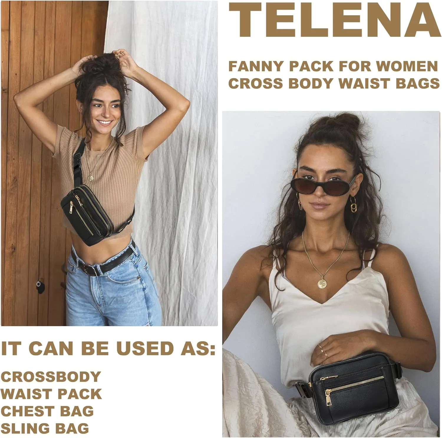 Telena Fanny Packs for Women Cross Body Bag Leather Belt Bag Fashionable Waist Bag with Adjustable Strap Black