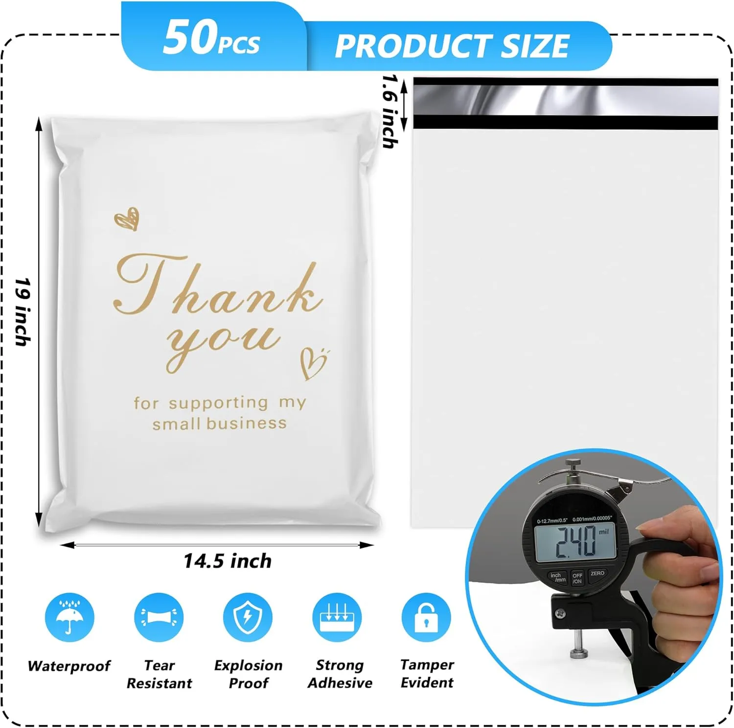 Thank You Poly Mailer 14.5x19 Inch 50 Pcs, Waterproof and Tear-Resistant Shipping Bags for Clothing, White Mailing Bags with Self-Seal, Cute Packaging Bags for Small Business