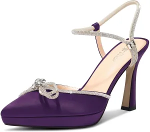TNYNFBEB Womens Stiletto High Platform Heel Pointed Toe Pumps Ankle Strap Slingback Rhinestone Crystal Bow-Knot Prom Glitter 3.9 Inches Heels