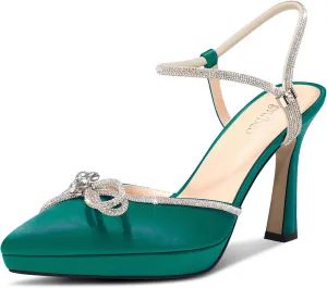 TNYNFBEB Womens Stiletto High Platform Heel Pointed Toe Pumps Ankle Strap Slingback Rhinestone Crystal Bow-Knot Prom Glitter 3.9 Inches Heels