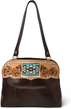 Top Grained Leather Tote Shoulder Bag from, Hand Tooled and Carved Big Capacity Handbag for Women