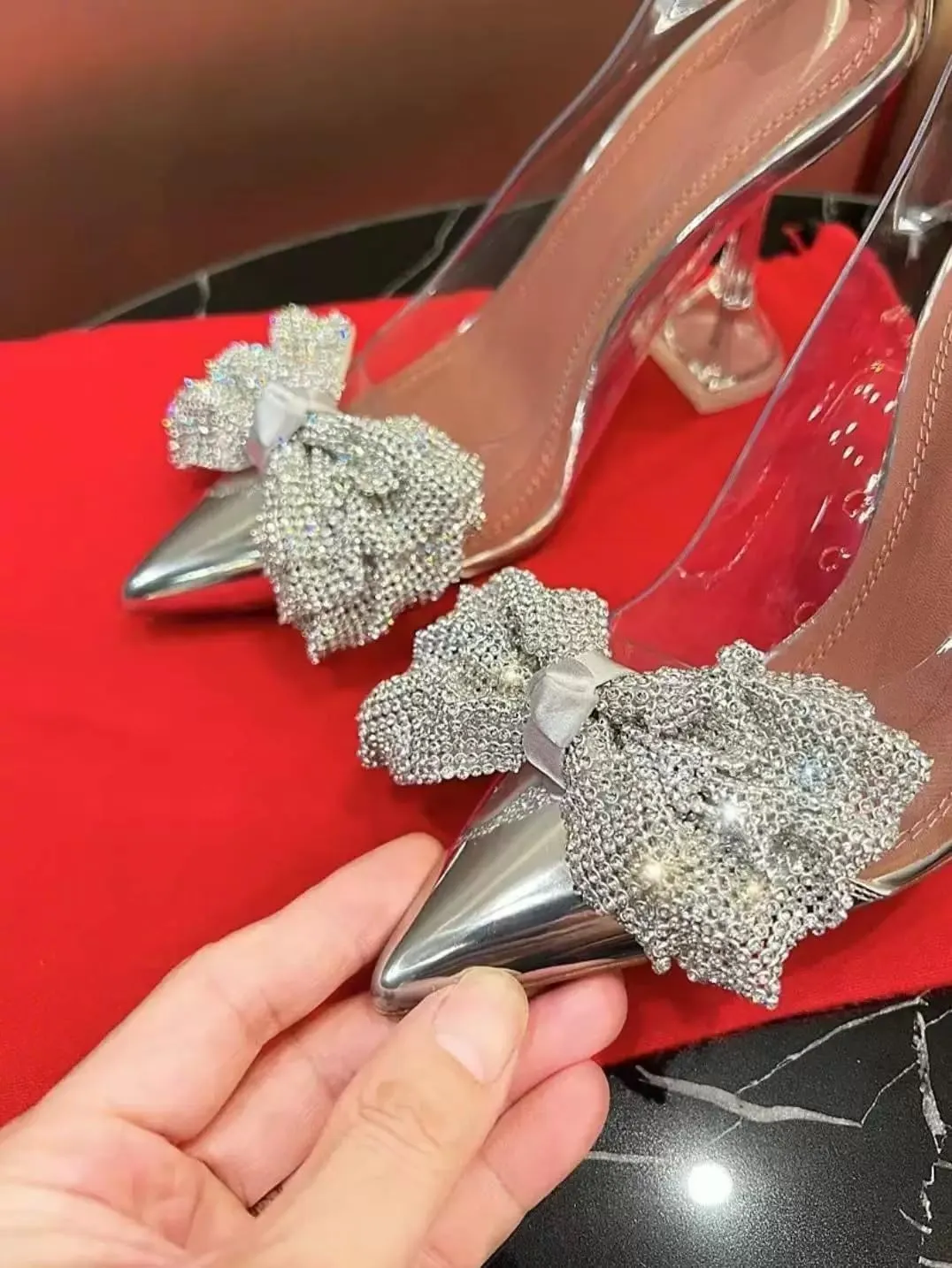 Transparent Bow Rhinestone Pointed Toe High Heel Sandals Thin High Heels Women Transparent Slip On Closed Toe heels