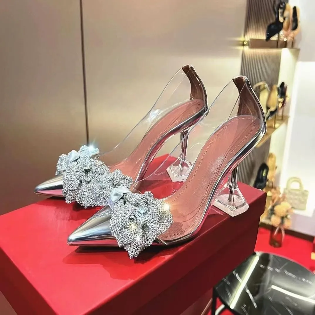 Transparent Bow Rhinestone Pointed Toe High Heel Sandals Thin High Heels Women Transparent Slip On Closed Toe heels