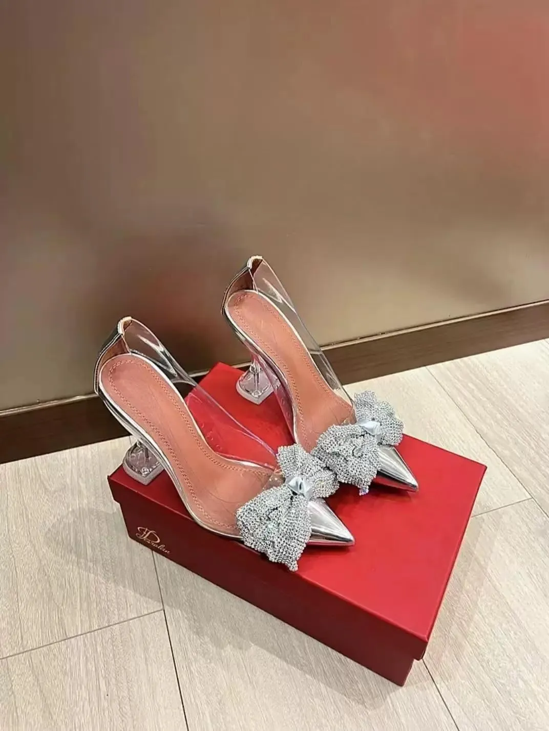 Transparent Bow Rhinestone Pointed Toe High Heel Sandals Thin High Heels Women Transparent Slip On Closed Toe heels