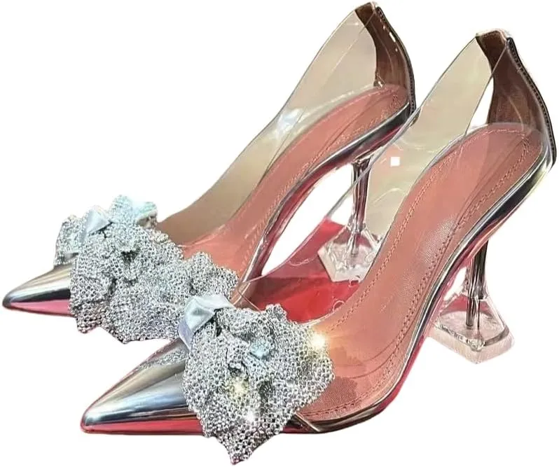 Transparent Bow Rhinestone Pointed Toe High Heel Sandals Thin High Heels Women Transparent Slip On Closed Toe heels
