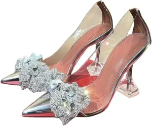 Transparent Bow Rhinestone Pointed Toe High Heel Sandals Thin High Heels Women Transparent Slip On Closed Toe heels