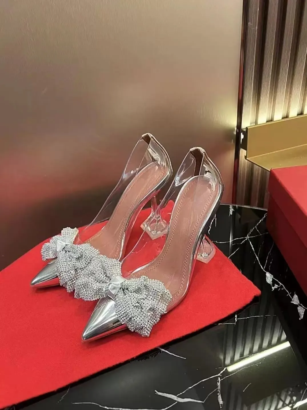 Transparent Bow Rhinestone Pointed Toe High Heel Sandals Thin High Heels Women Transparent Slip On Closed Toe heels