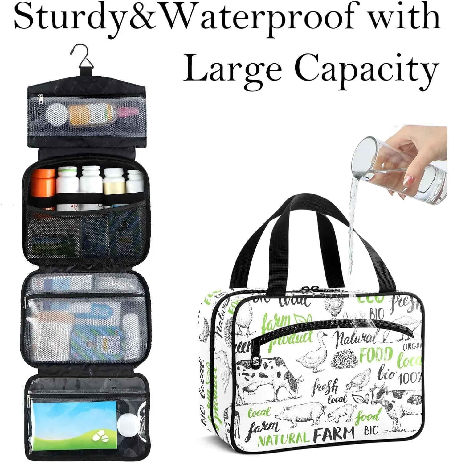 Travel Toiletry Bag for Woman/Men,Farm Animal Cow Pig Duck Farmhouse Hanging Organizer Bag with Pockets Portable Folding Travel Case Bags for Makeup Cosmetic Toiletries Storage Traveling-M