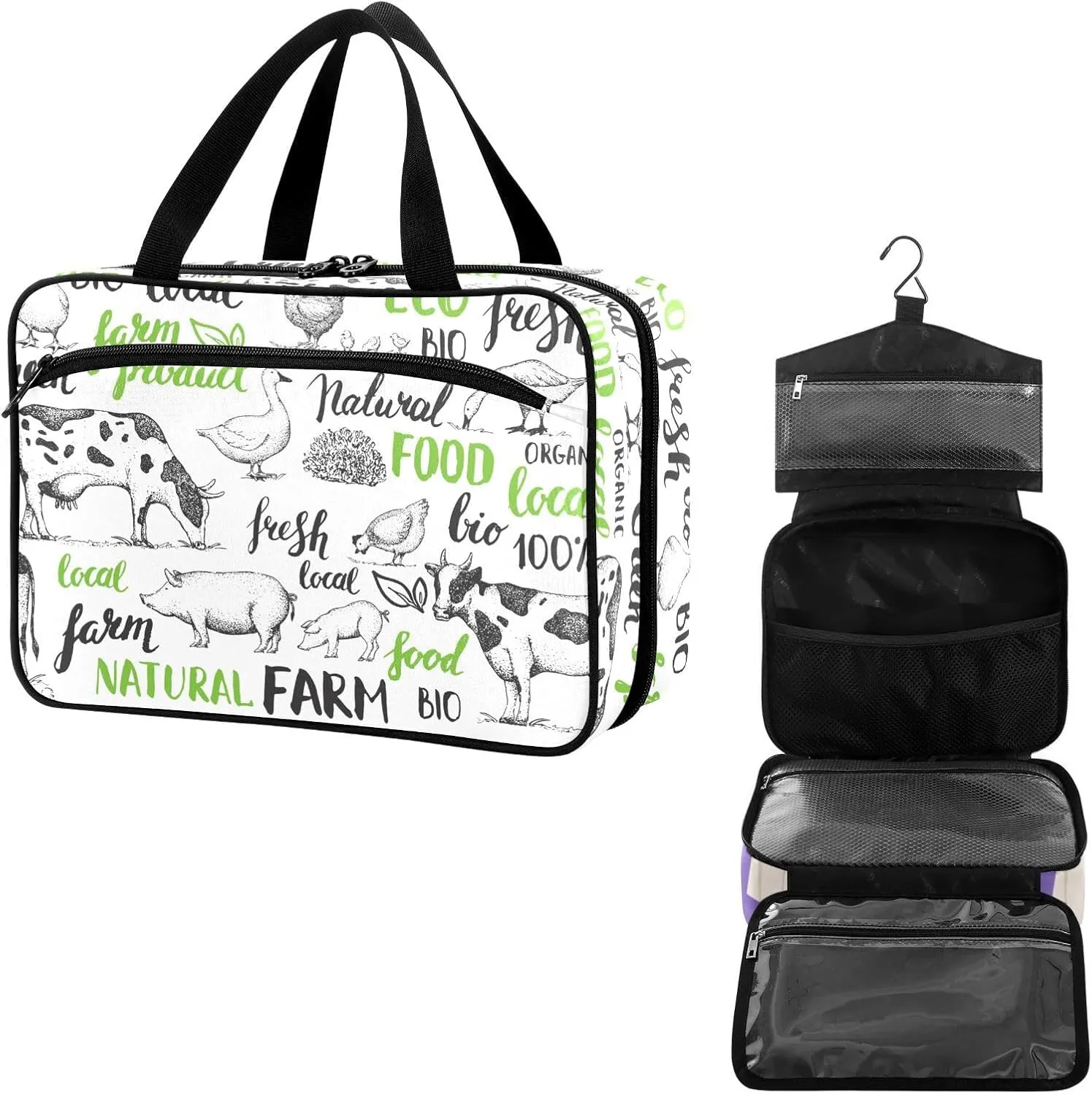 Travel Toiletry Bag for Woman/Men,Farm Animal Cow Pig Duck Farmhouse Hanging Organizer Bag with Pockets Portable Folding Travel Case Bags for Makeup Cosmetic Toiletries Storage Traveling-M