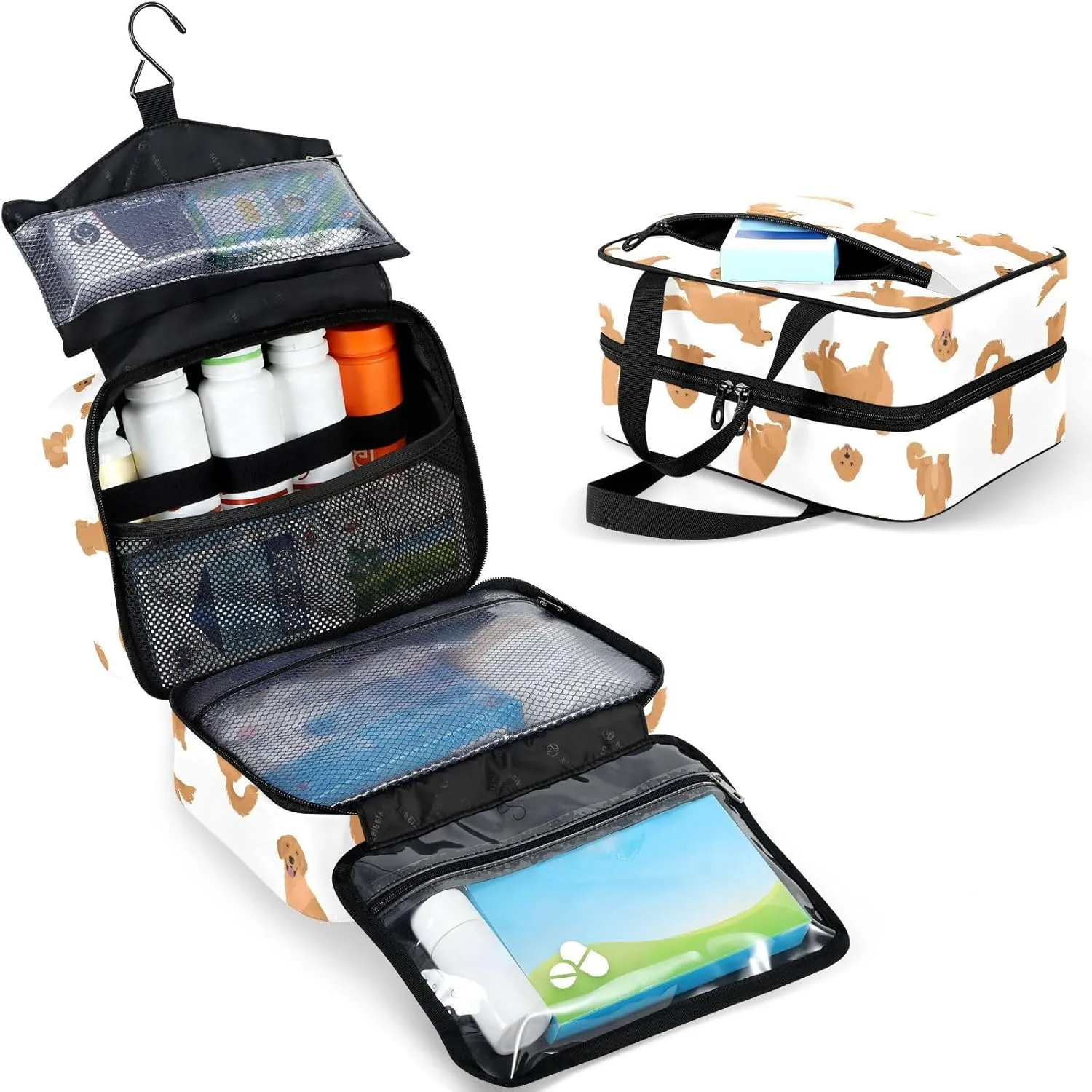 Travel Toiletry Bag for Woman/Men,Golden Retriever Cute Dog Puppy Dogs Hanging Organizer Bag with Pockets Portable Folding Travel Case Bags for Makeup Cosmetic Toiletries Storage Traveling-L