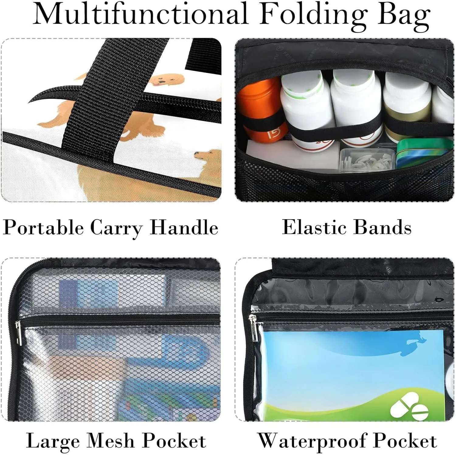 Travel Toiletry Bag for Woman/Men,Golden Retriever Cute Dog Puppy Dogs Hanging Organizer Bag with Pockets Portable Folding Travel Case Bags for Makeup Cosmetic Toiletries Storage Traveling-L