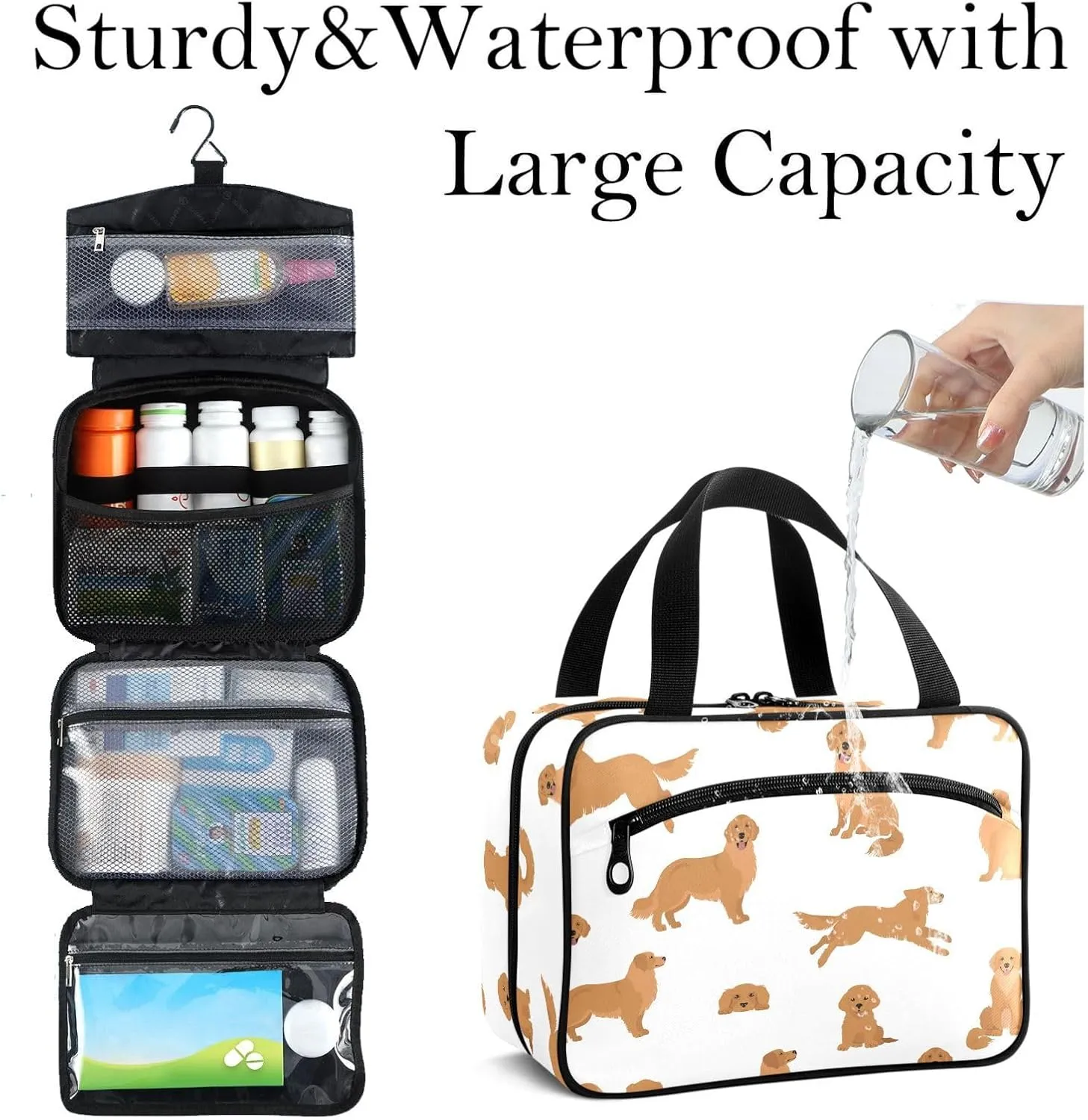 Travel Toiletry Bag for Woman/Men,Golden Retriever Cute Dog Puppy Dogs Hanging Organizer Bag with Pockets Portable Folding Travel Case Bags for Makeup Cosmetic Toiletries Storage Traveling-L