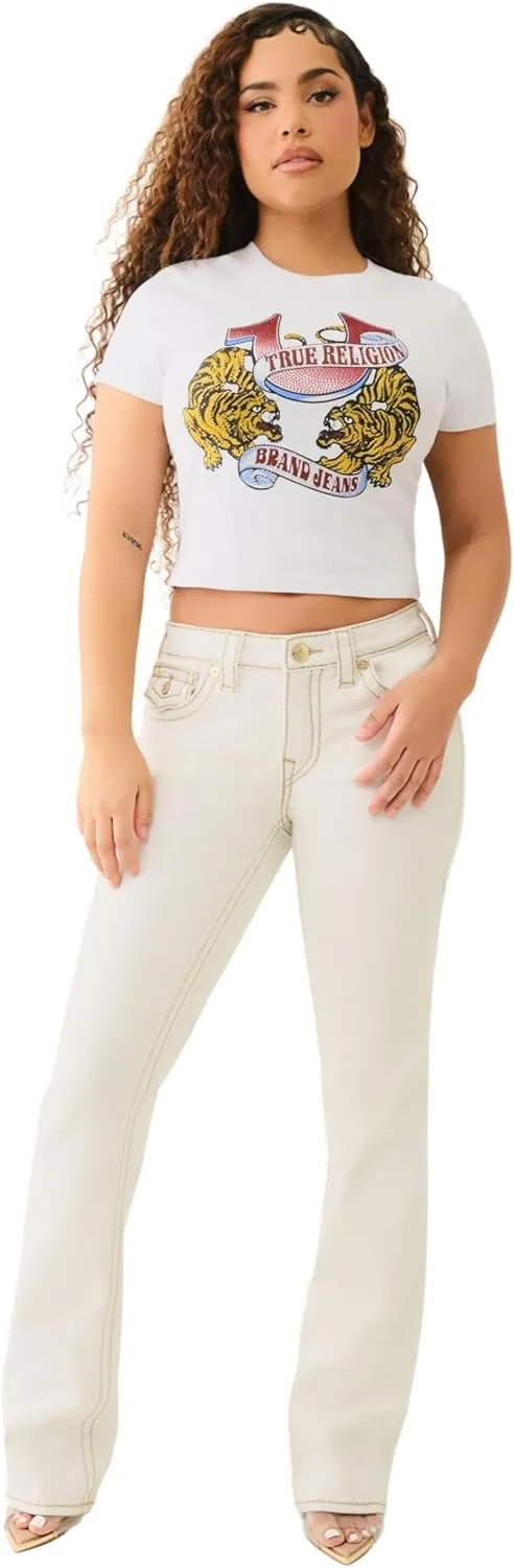 True Religion Women's Crystal Tiger Short Sleeve Baby Tee - Crew Neck T-Shirt