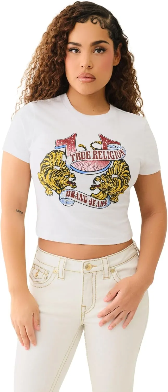 True Religion Women's Crystal Tiger Short Sleeve Baby Tee - Crew Neck T-Shirt