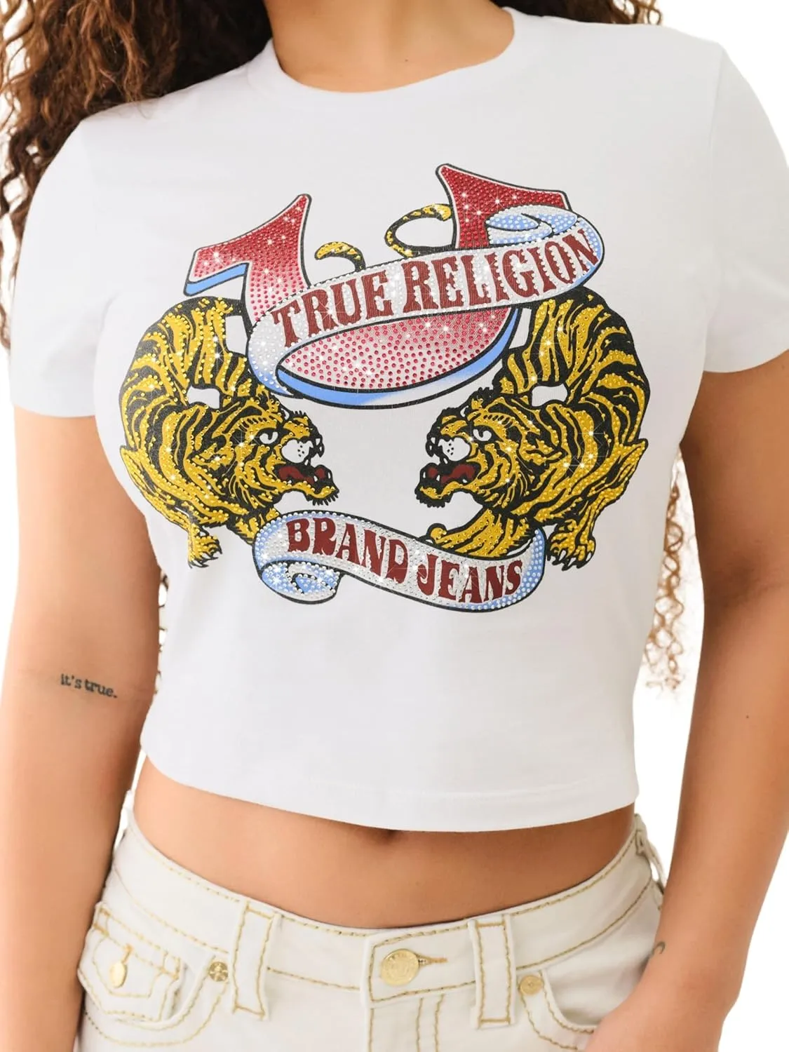 True Religion Women's Crystal Tiger Short Sleeve Baby Tee - Crew Neck T-Shirt