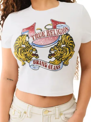 True Religion Women's Crystal Tiger Short Sleeve Baby Tee - Crew Neck T-Shirt