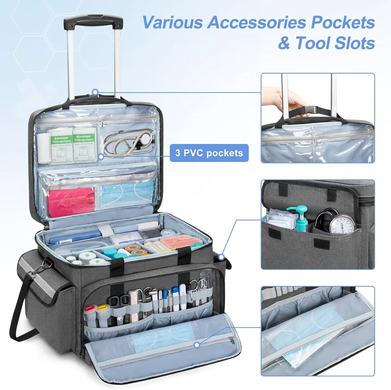 Trunab Medical Bag on Wheels with Detachable Trolley, Rolling Nurse Tote with Removable Dividers, First Responder Bag Empty with Adjustable Shoulder Strap for Nurse, Doctor, Black