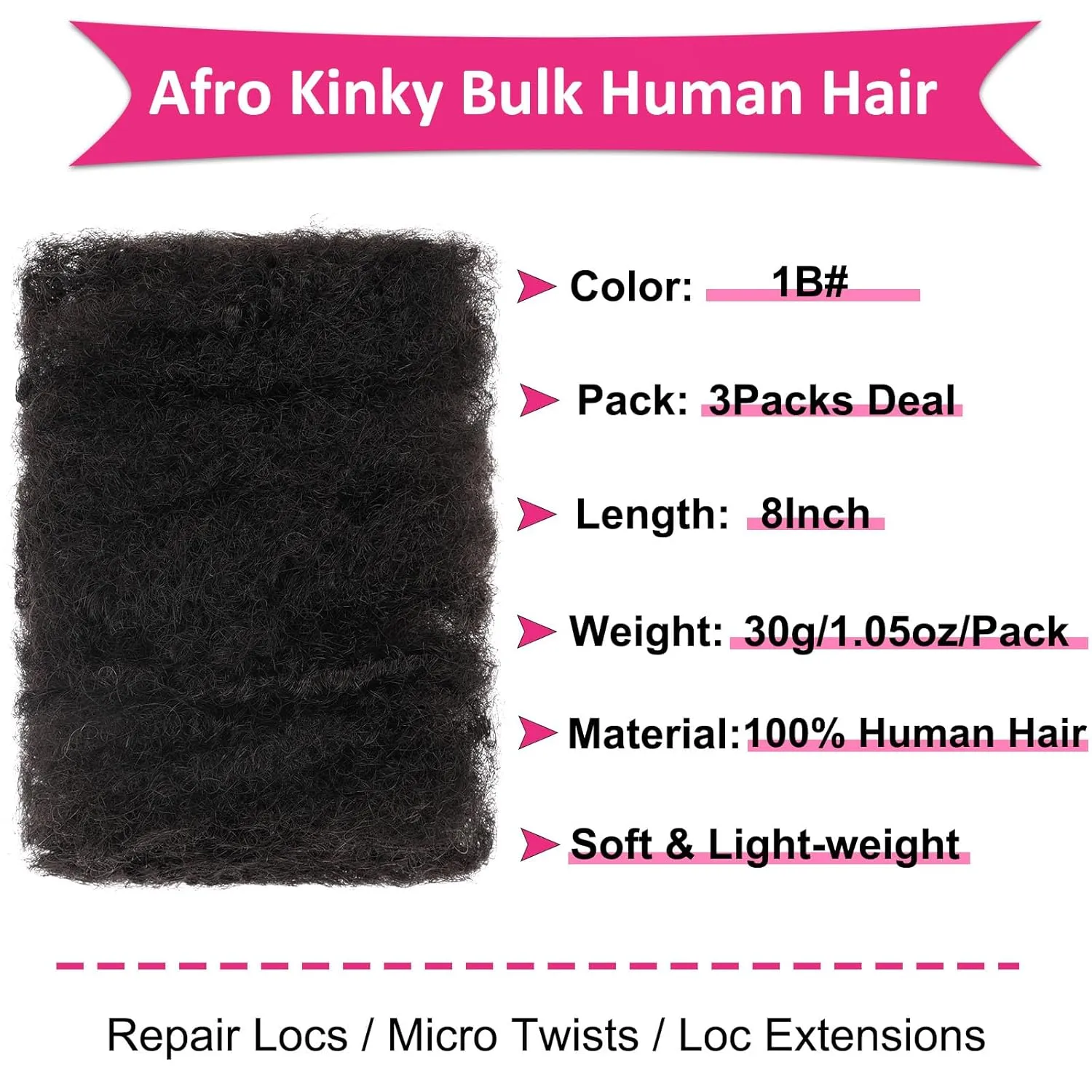 Unionbeauty 3 Packs Afro Kinkys Bulk Human Hair for Dreadlock Extensions 8 Inch 100% Afro Kinky Braiding Human Hair for Micro Locs Kinky Curly Bundles Can Dye and Bleach 1B#