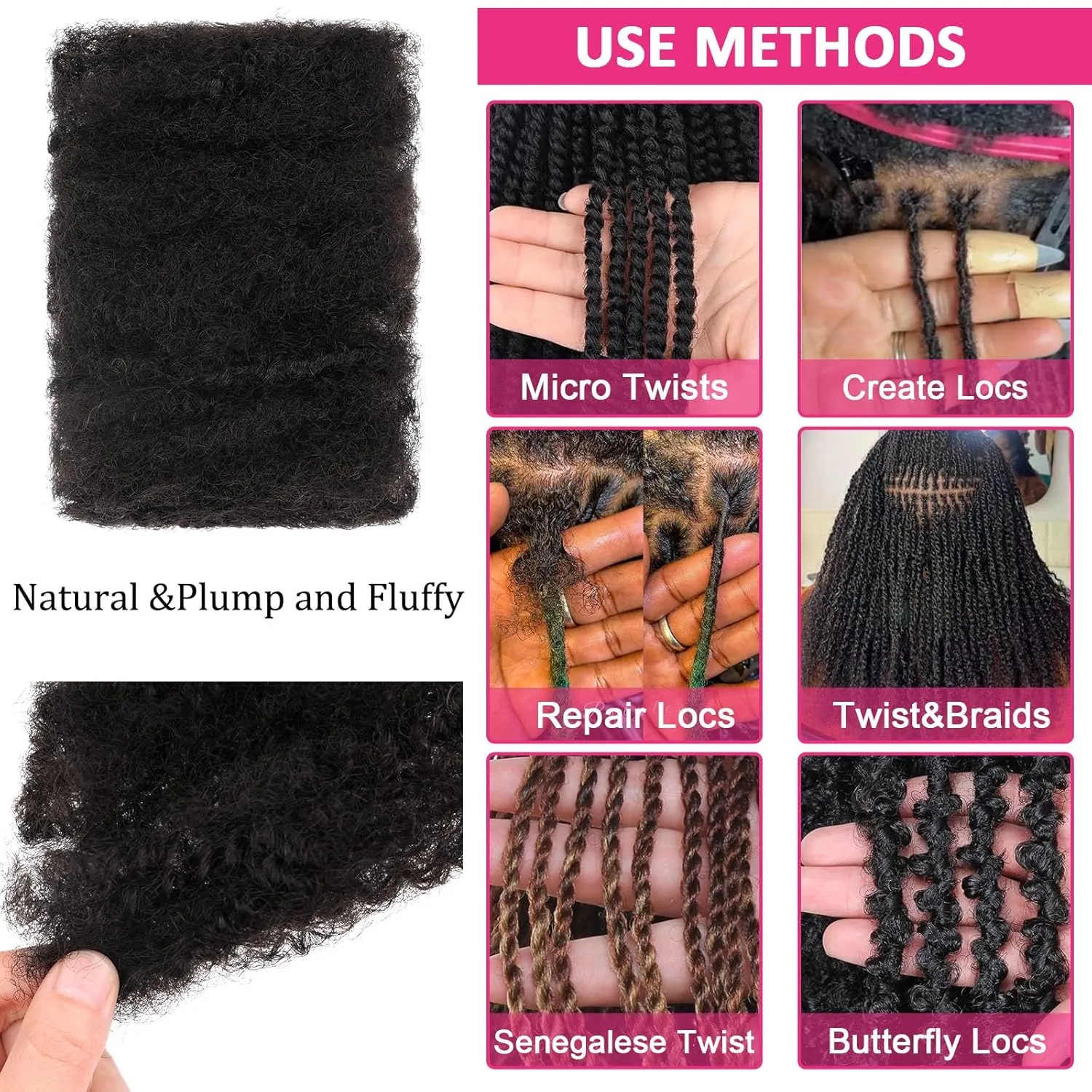 Unionbeauty 3 Packs Afro Kinkys Bulk Human Hair for Dreadlock Extensions 8 Inch 100% Afro Kinky Braiding Human Hair for Micro Locs Kinky Curly Bundles Can Dye and Bleach 1B#