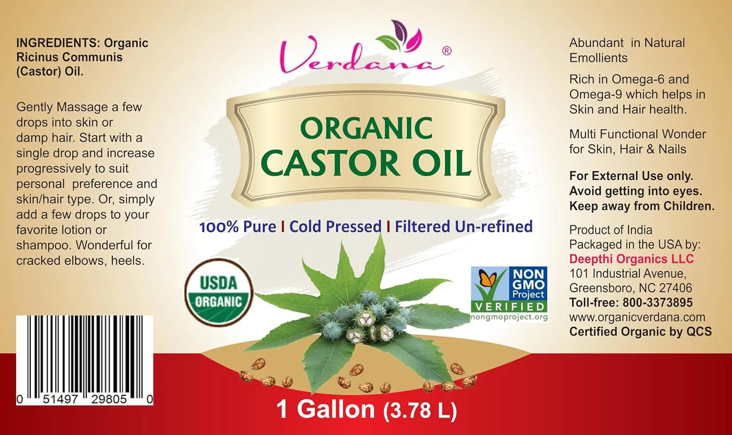 Verdana Organic Castor Oil – 1 Gallon Bulk Size – Cold Pressed, Unrefined, Hexane-Free – USDA Organic – Natural Moisturizer for Hair Growth, Eyelashes, Skin, Scalp & Castor Oil Packs