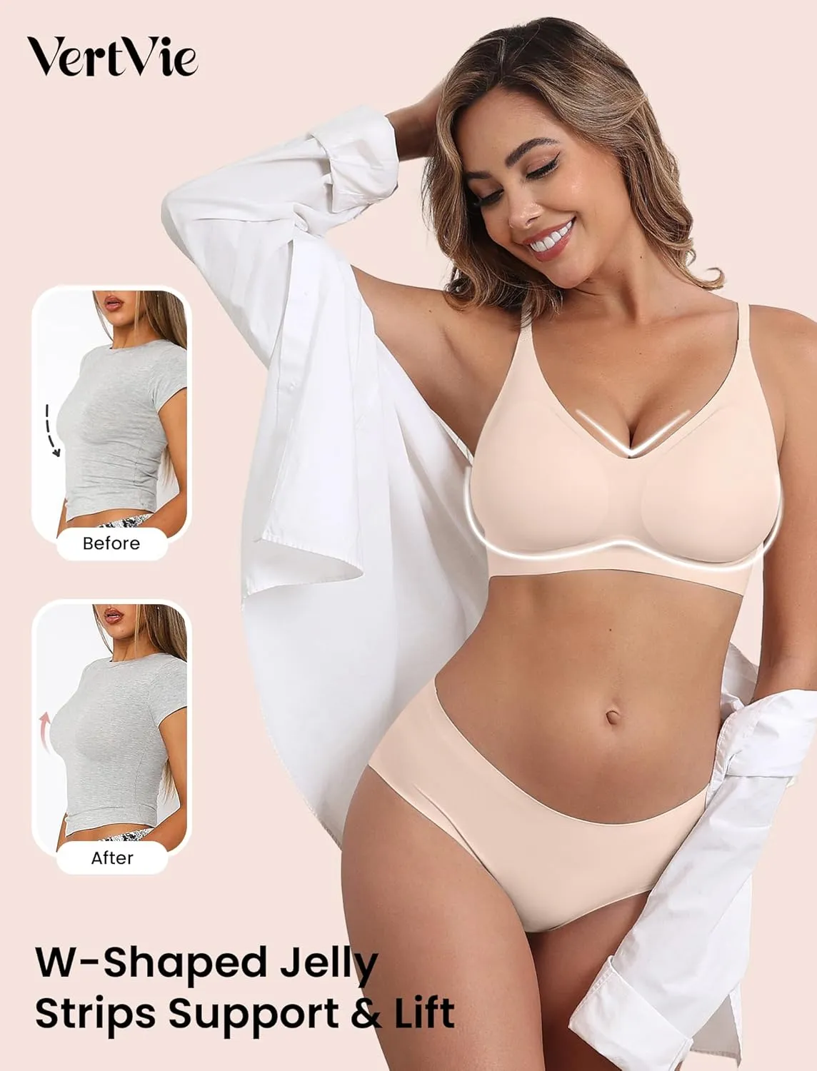 Vertvie Wireless Bras for Women Full Coverage Supportive Seamless Bralettes No Underwire Push Up Comfort Soft T-Shirt Bra