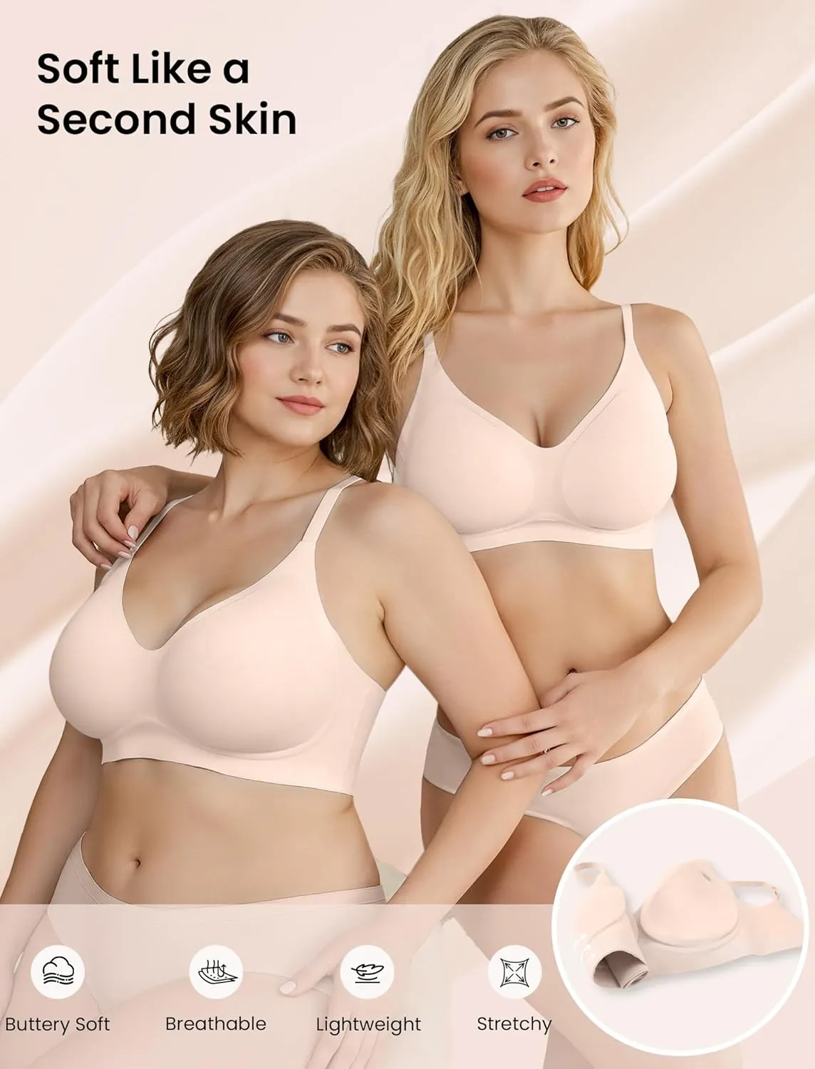 Vertvie Wireless Bras for Women Full Coverage Supportive Seamless Bralettes No Underwire Push Up Comfort Soft T-Shirt Bra