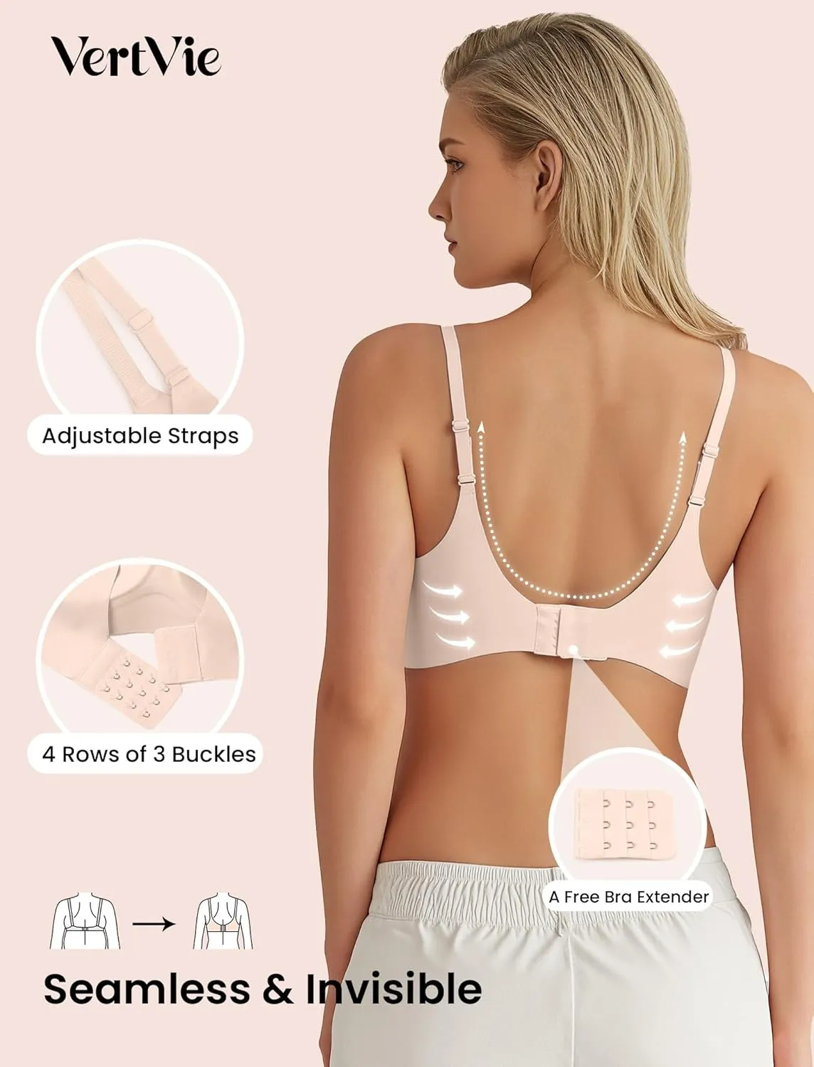 Vertvie Wireless Bras for Women Full Coverage Supportive Seamless Bralettes No Underwire Push Up Comfort Soft T-Shirt Bra