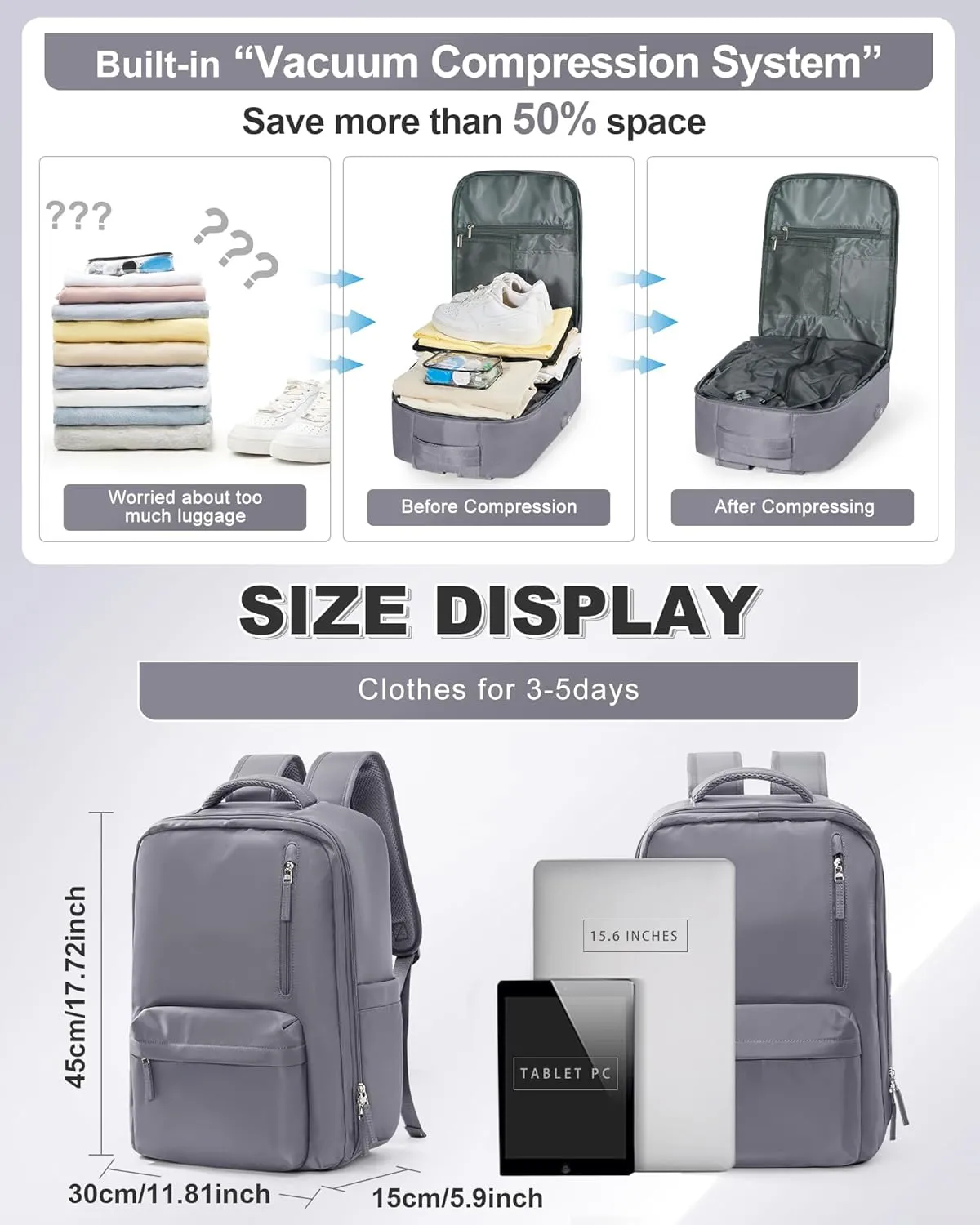 VGCUB Large Travel Backpack with Vacuum System Carry on Storage Compression Personal Item Bags with Electric Pump Work Business Vacpack College Airback lightweight Backpack for Women Men Grey
