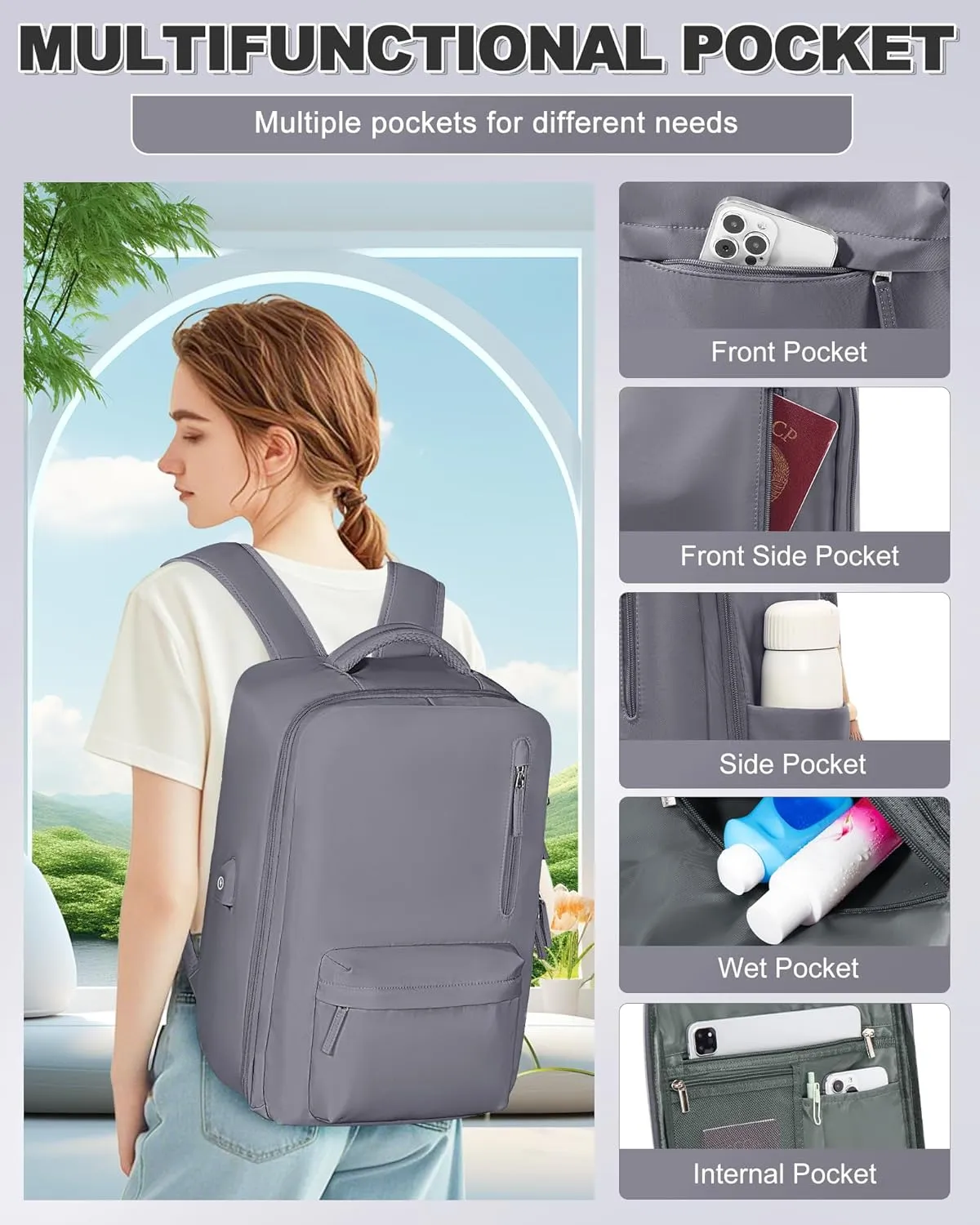 VGCUB Large Travel Backpack with Vacuum System Carry on Storage Compression Personal Item Bags with Electric Pump Work Business Vacpack College Airback lightweight Backpack for Women Men Grey