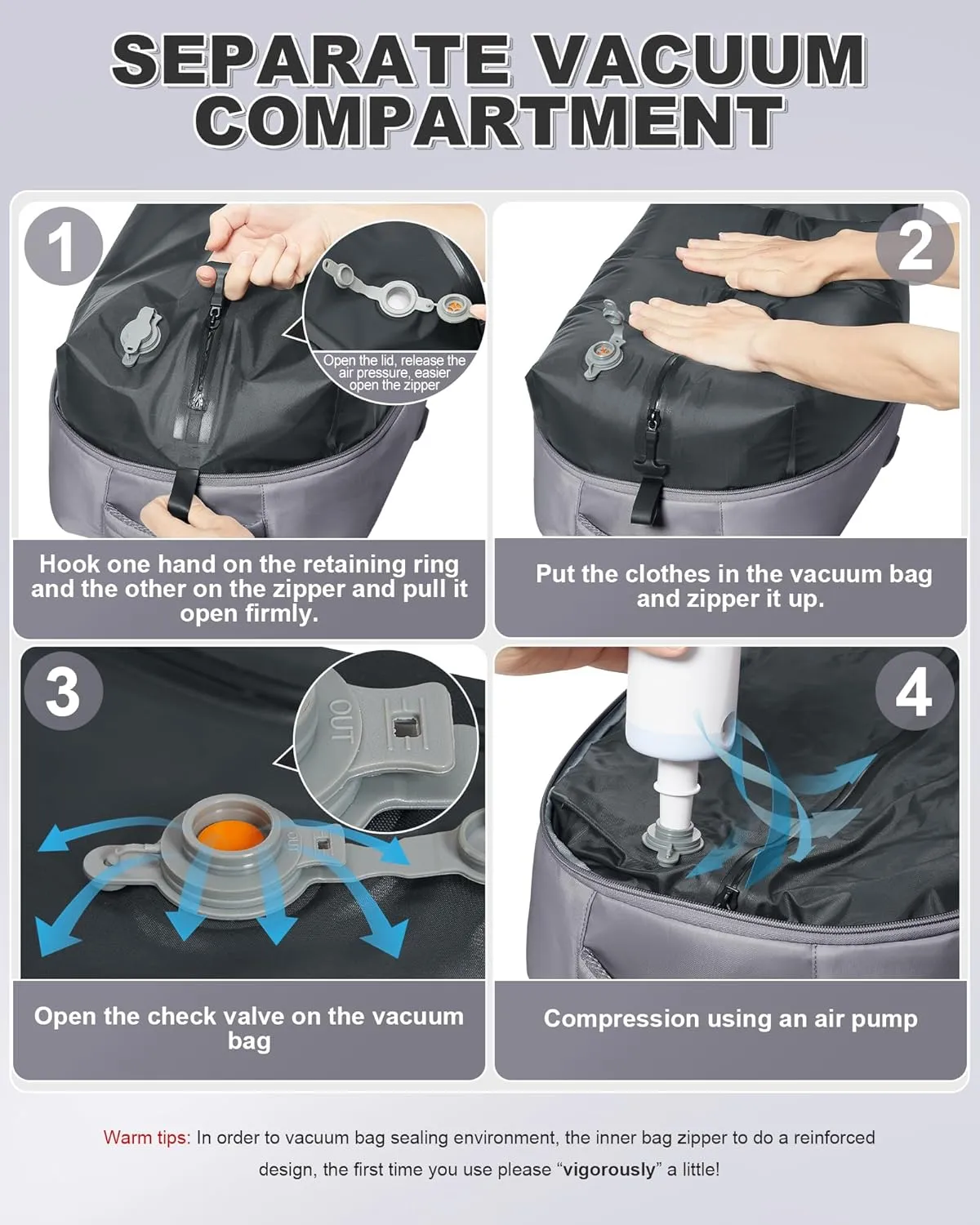 VGCUB Large Travel Backpack with Vacuum System Carry on Storage Compression Personal Item Bags with Electric Pump Work Business Vacpack College Airback lightweight Backpack for Women Men Grey