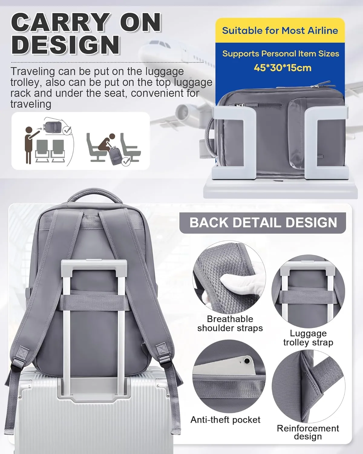 VGCUB Large Travel Backpack with Vacuum System Carry on Storage Compression Personal Item Bags with Electric Pump Work Business Vacpack College Airback lightweight Backpack for Women Men Grey