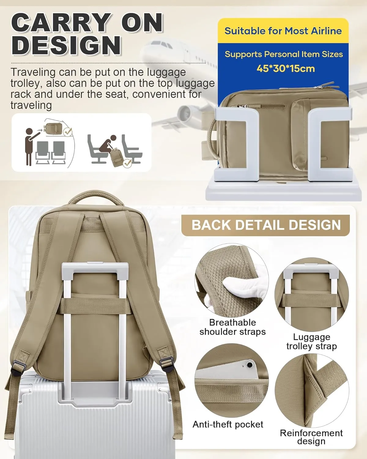 VGCUB Large Travel Backpack with Vacuum System Carry on Storage Compression Personal Item Bags with Electric Pump Work Business Vacpack College Airback lightweight Backpack for Women Men Khaki
