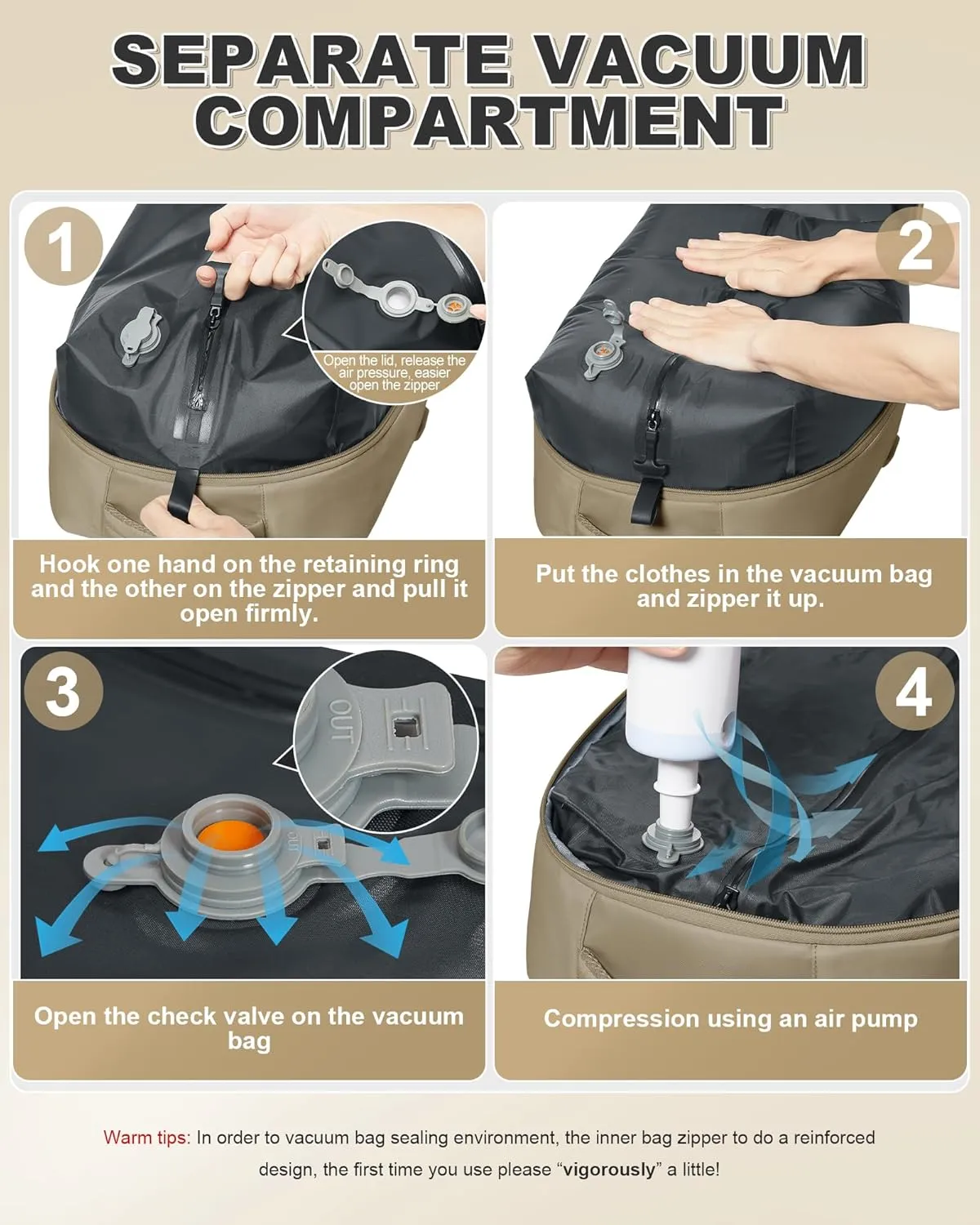 VGCUB Large Travel Backpack with Vacuum System Carry on Storage Compression Personal Item Bags with Electric Pump Work Business Vacpack College Airback lightweight Backpack for Women Men Khaki