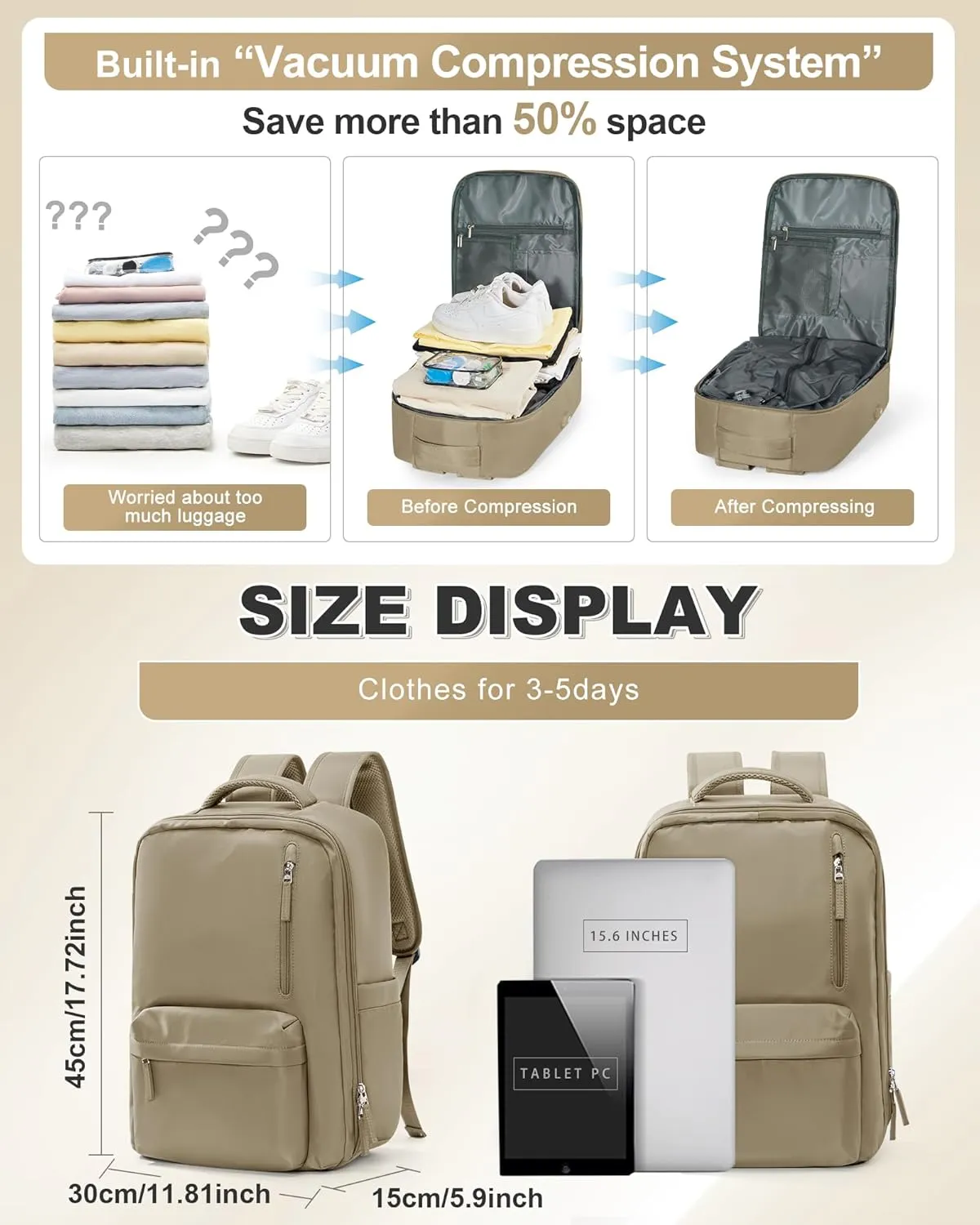 VGCUB Large Travel Backpack with Vacuum System Carry on Storage Compression Personal Item Bags with Electric Pump Work Business Vacpack College Airback lightweight Backpack for Women Men Khaki