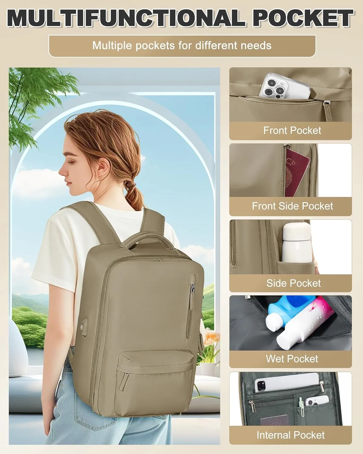 VGCUB Large Travel Backpack with Vacuum System Carry on Storage Compression Personal Item Bags with Electric Pump Work Business Vacpack College Airback lightweight Backpack for Women Men Khaki